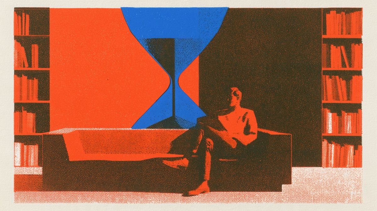 Ilustración de un hombre sentado entre estantes de libros y, detrás, un gran reloj de arena a la mitad