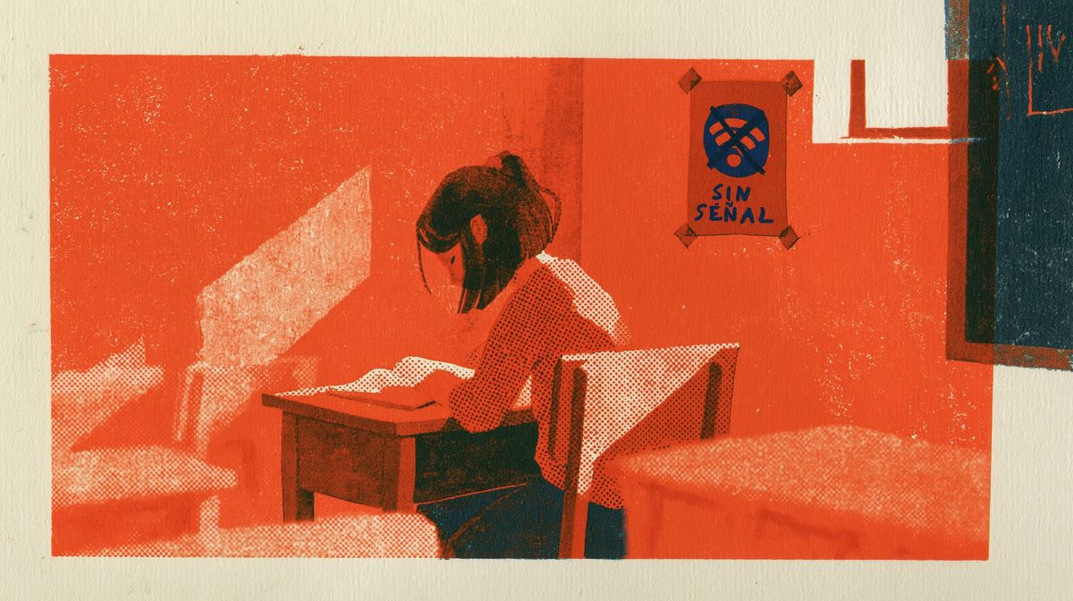 Ilustración de una niña de espaldas escribiendo en su carpeta dentro de un aula, junto a un cartel con un ícono de wifi tachado y el texto 'sin señal'