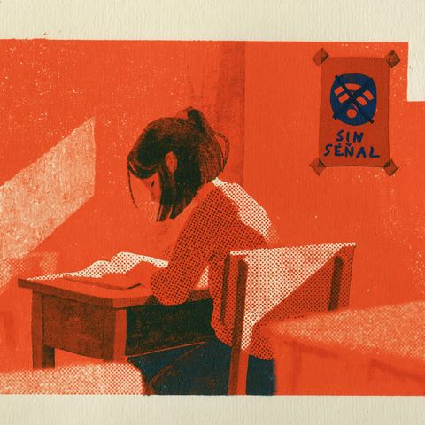 Ilustración de una niña de espaldas escribiendo en su carpeta dentro de un aula, junto a un cartel con un ícono de wifi tachado y el texto 'sin señal'