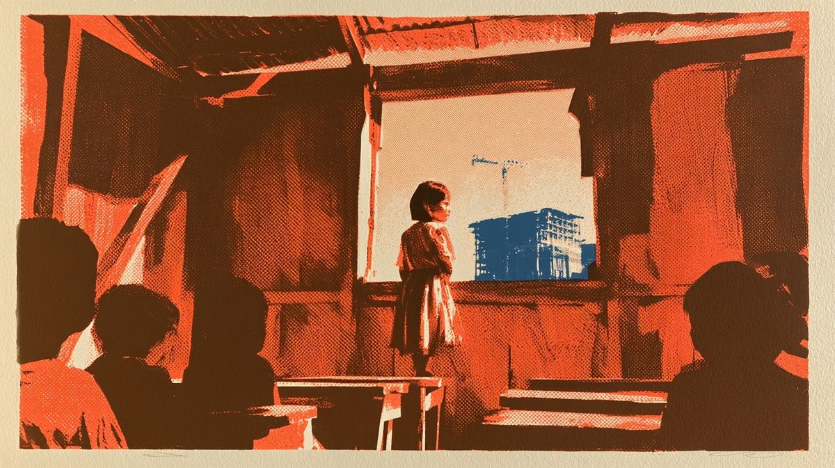 Ilustración de una niña de espaldas en un aula rústica de madera y calamina, mirando por la ventana una construcción con grúas en la ciudad