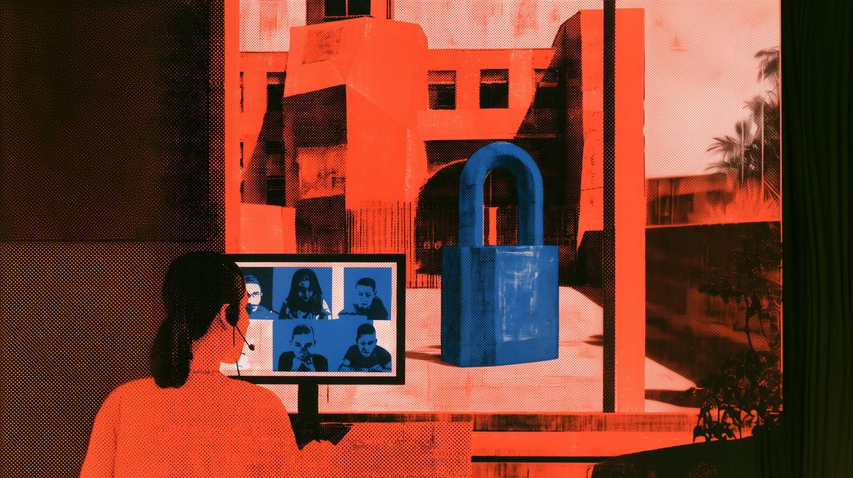 Ilustración de una mujer con audífonos frente a una videollamada de cinco personas en un monitor, con un candado azul gigante junto a un edificio al otro lado de la ventana