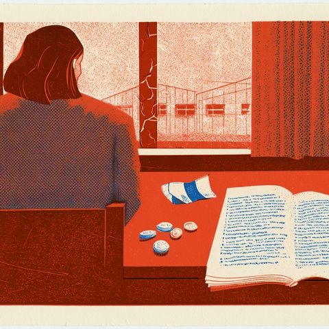 Ilustración de una directora de espaldas frente a una ventana, mirando un pabellón escolar con paredes agrietadas, con un cuaderno abierto y monedas sobre el escritorio