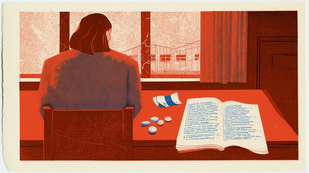 Ilustración de una directora de espaldas frente a una ventana, mirando un pabellón escolar con paredes agrietadas, con un cuaderno abierto y monedas sobre el escritorio
