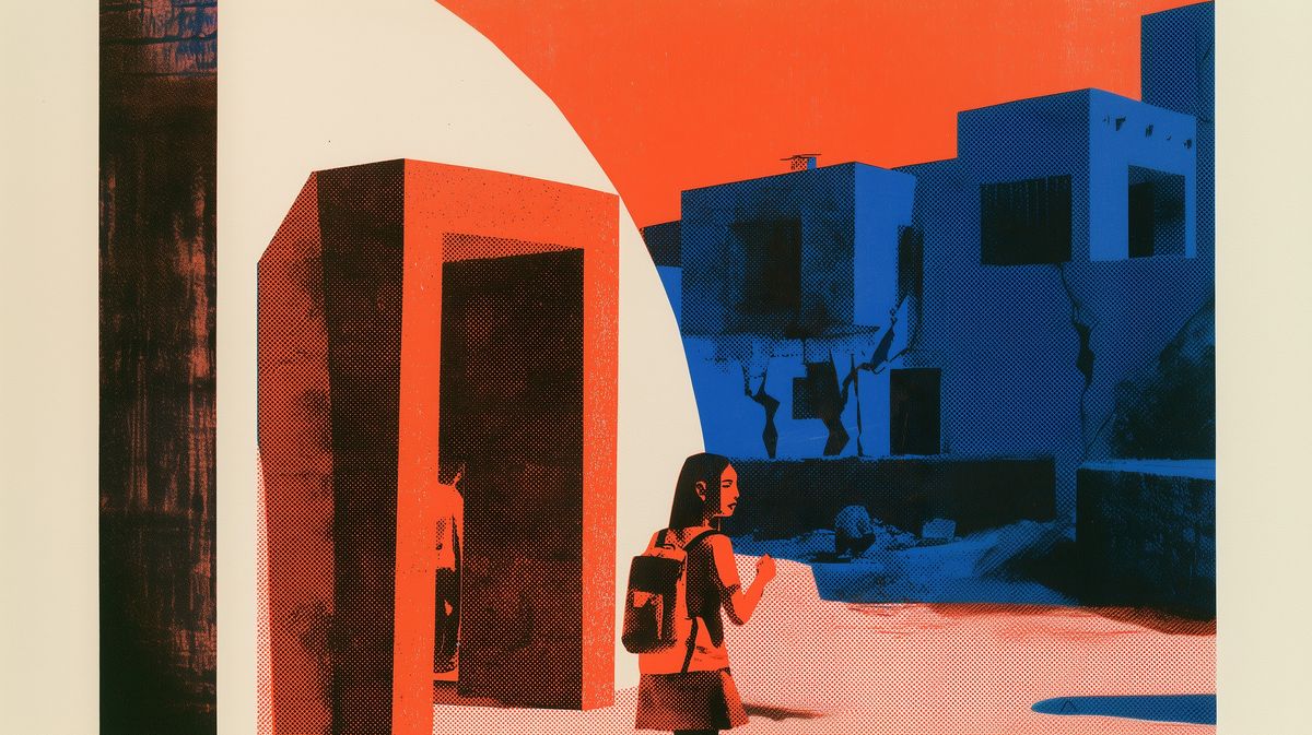 Ilustración de una niña con mochila caminando hacia la puerta de un edificio, con otro edificio azul de paredes agrietadas al fondo