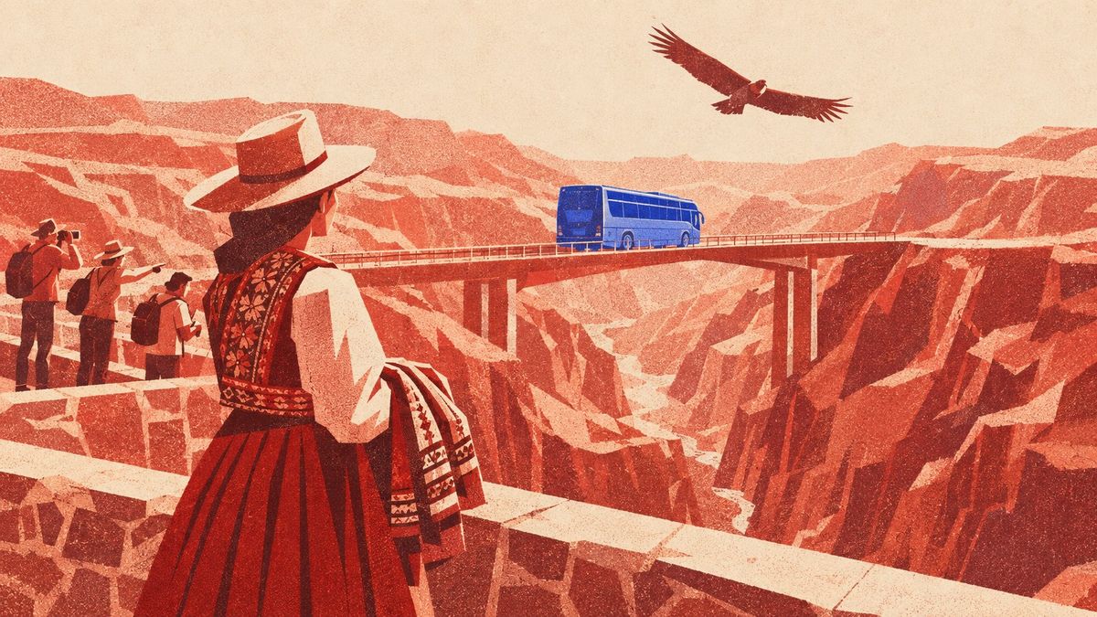 Ilustración de Rigoberta, de espaldas y con sombrero, en el mirador Cruz del Cóndor del valle del Colca, viendo un bus turístico cruzar un puente sobre el cañón mientras un cóndor vuela por encima