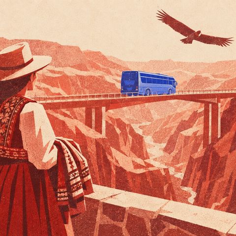 Ilustración de Rigoberta, de espaldas y con sombrero, en el mirador Cruz del Cóndor del valle del Colca, viendo un bus turístico cruzar un puente sobre el cañón mientras un cóndor vuela por encima